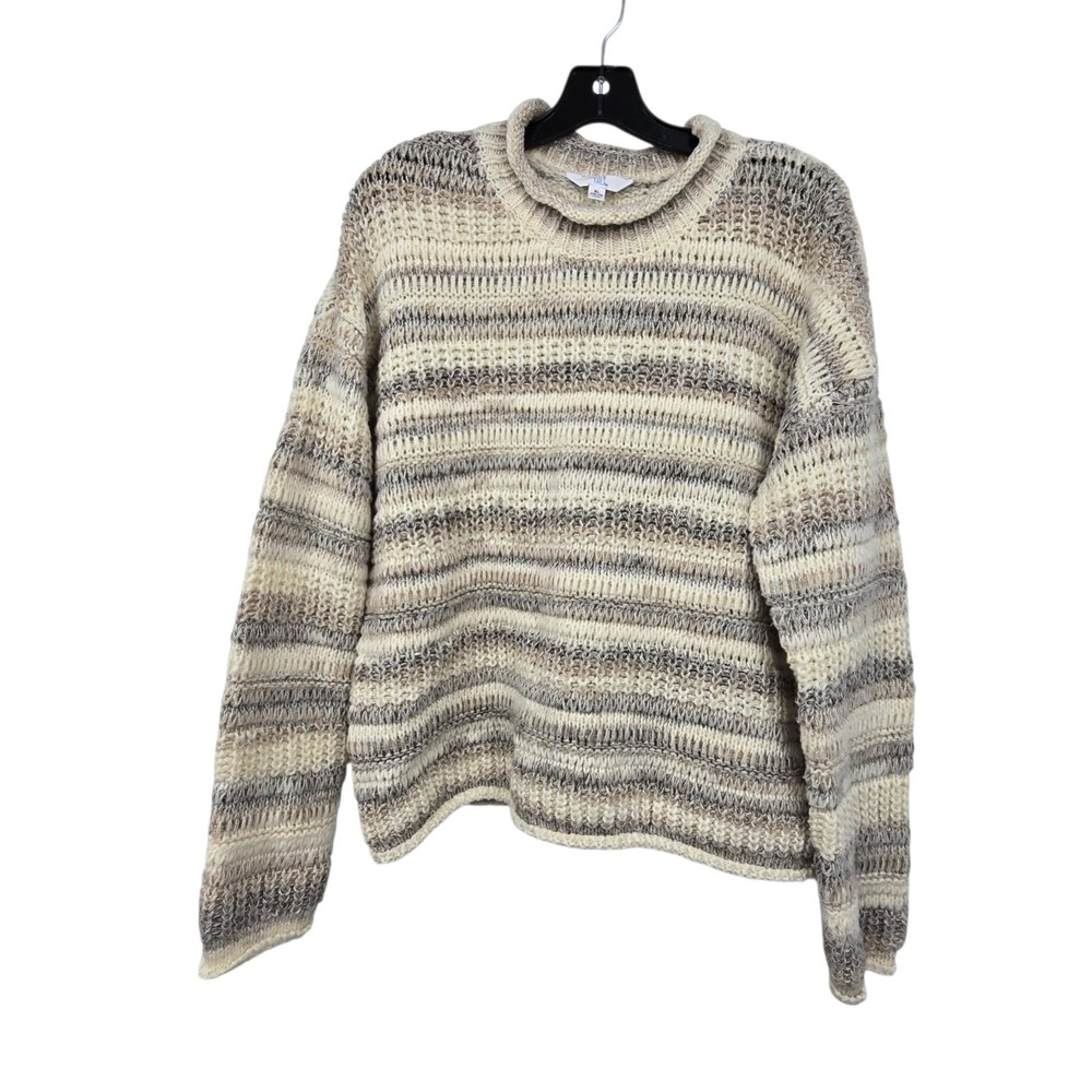 Time True Ribbed Striped Chunky Sweater Womens XL Gray Cream Classic Neutral